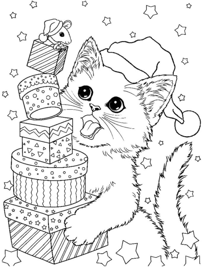 Dibujos de Gato de Navidad para Colorear